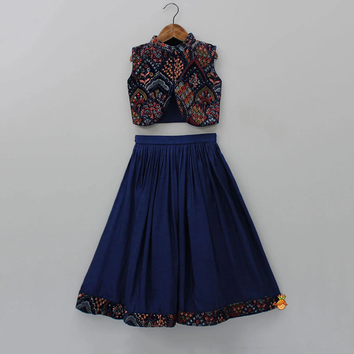 Stylish Cut Out Thread Embroidered Velvet Blue Top And Flared Palazzo