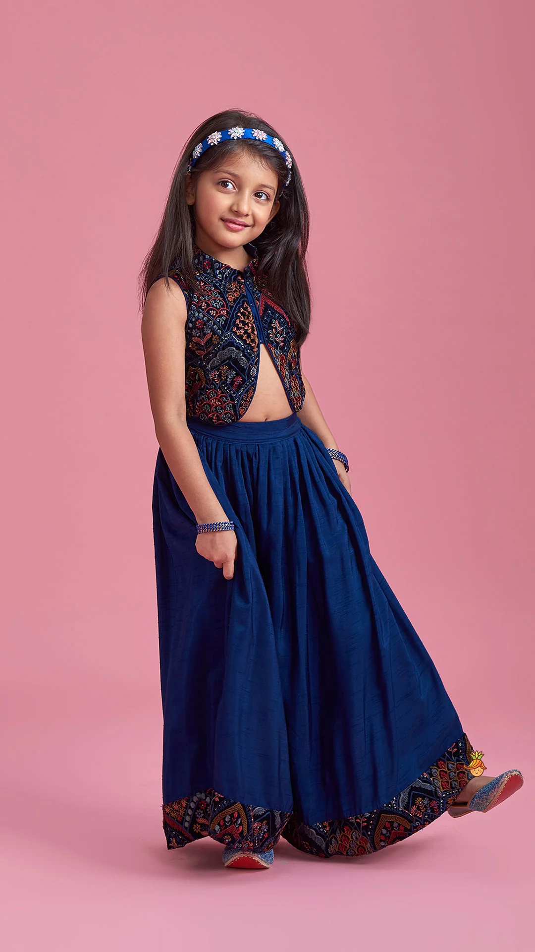 Stylish Cut Out Thread Embroidered Velvet Blue Top And Flared Palazzo - Image 2