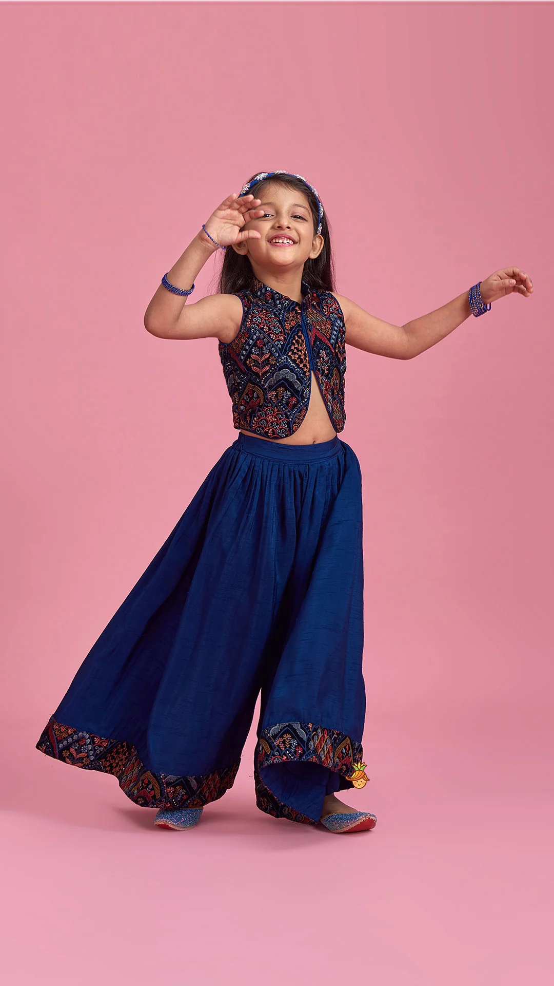 Stylish Cut Out Thread Embroidered Velvet Blue Top And Flared Palazzo - Image 3