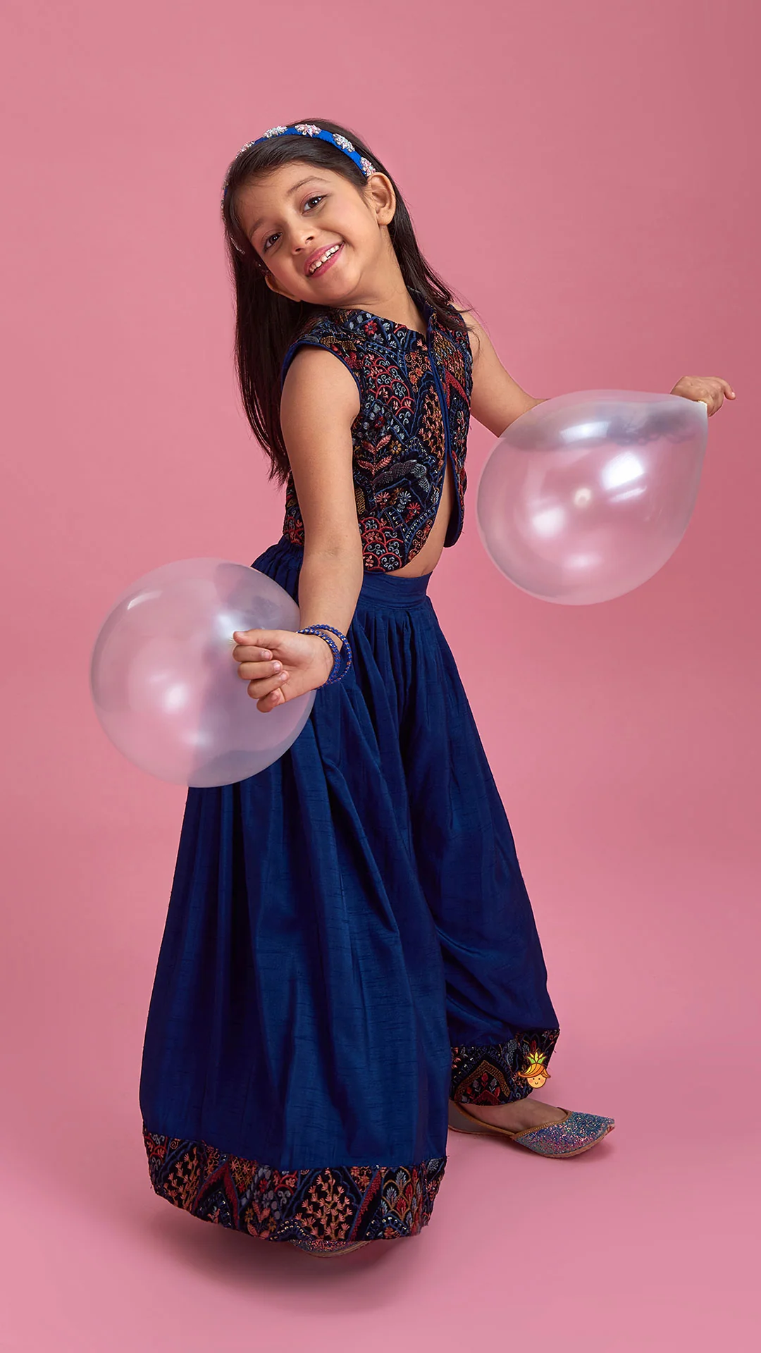Stylish Cut Out Thread Embroidered Velvet Blue Top And Flared Palazzo - Image 4
