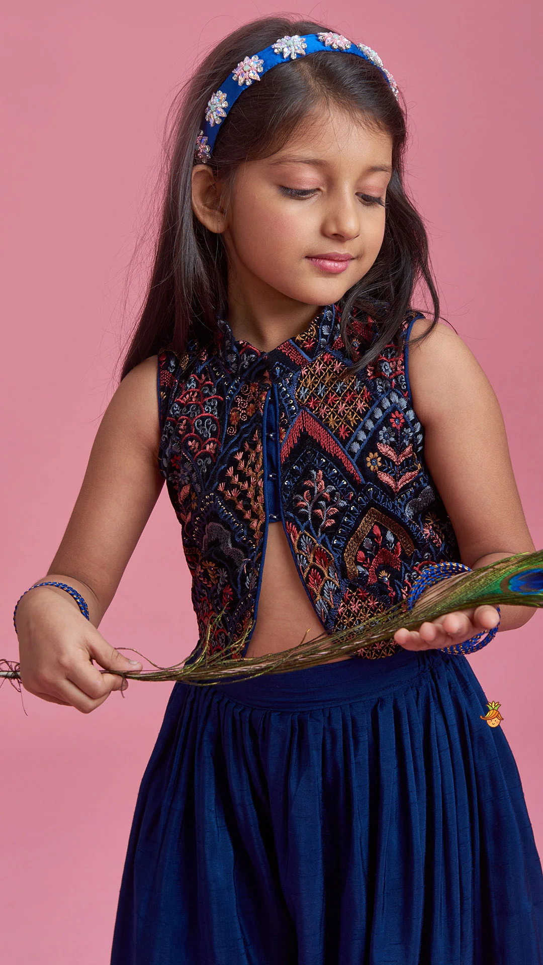 Stylish Cut Out Thread Embroidered Velvet Blue Top And Flared Palazzo - Image 6