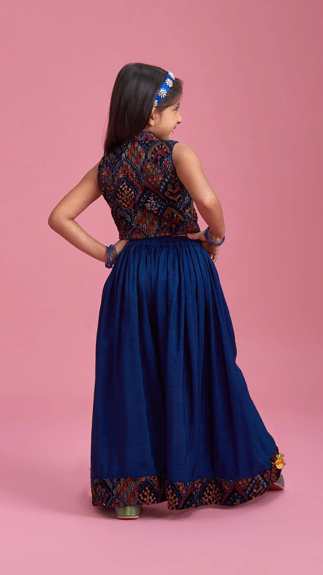 Stylish Cut Out Thread Embroidered Velvet Blue Top And Flared Palazzo - Image 8