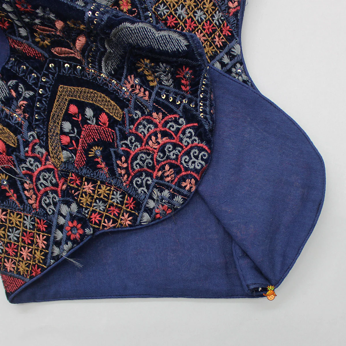 Stylish Cut Out Thread Embroidered Velvet Blue Top And Flared Palazzo - Image 9
