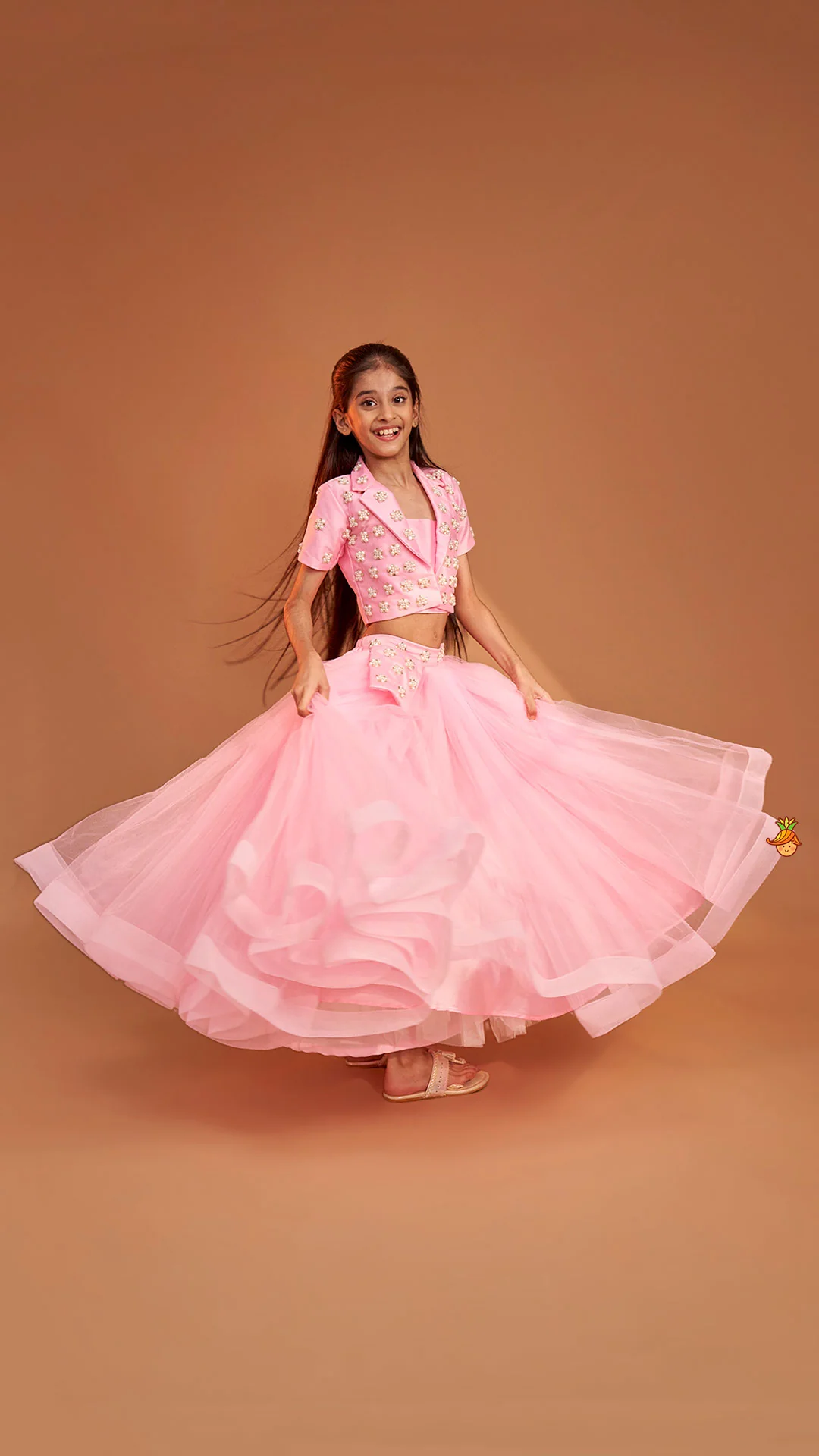 Stylish Pink Crop Blazer Style Top With Flared Lehenga - Image 2