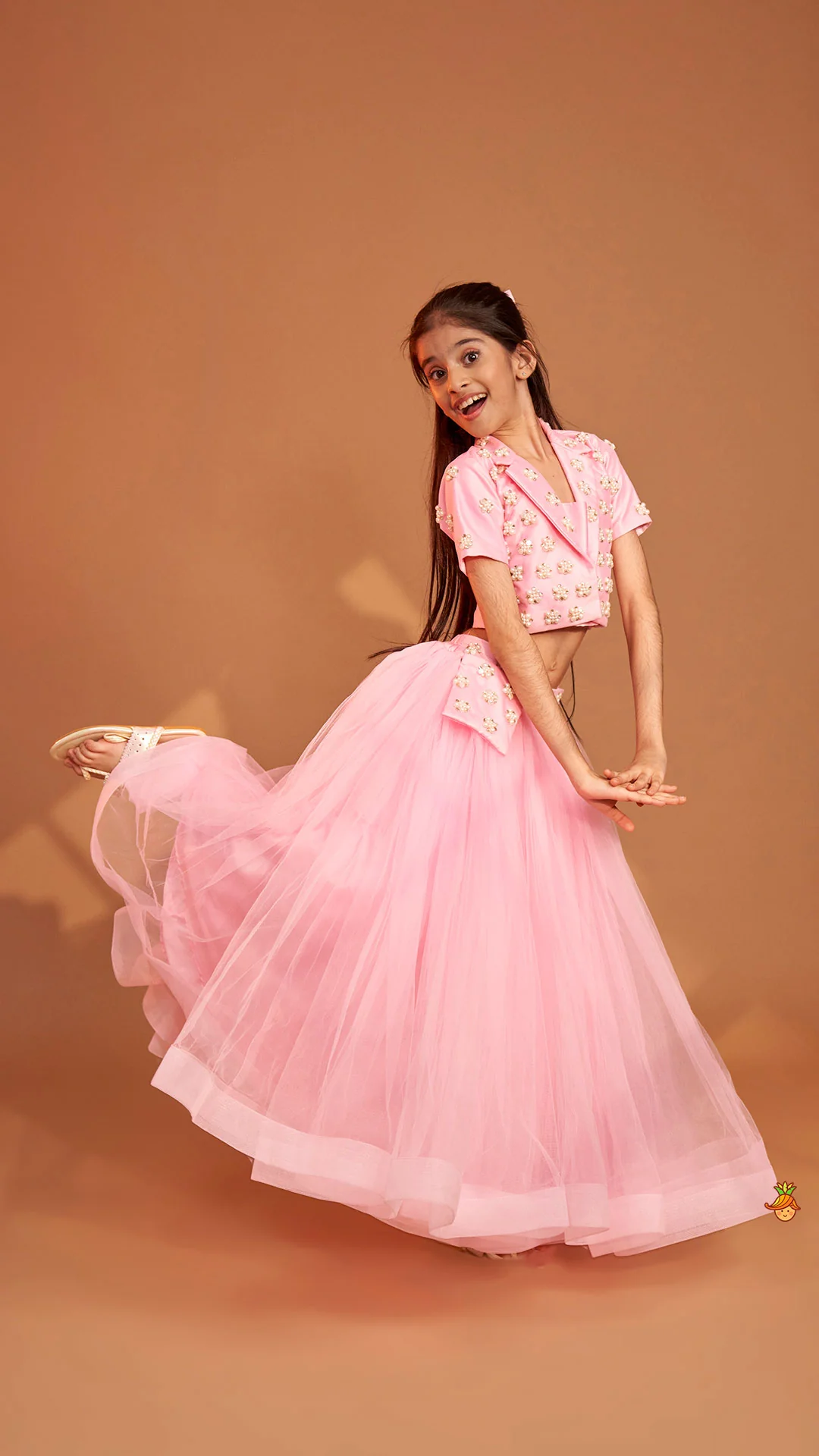 Stylish Pink Crop Blazer Style Top With Flared Lehenga - Image 3