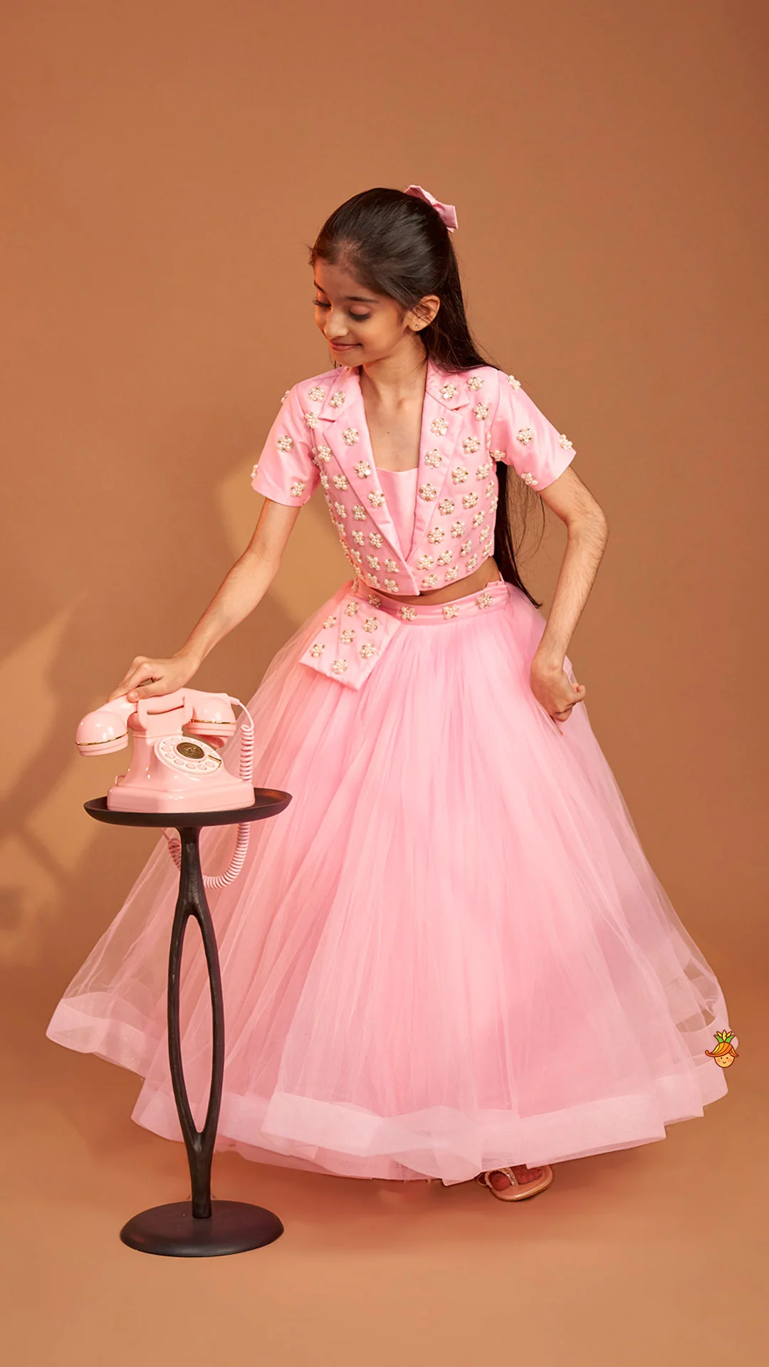 Stylish Pink Crop Blazer Style Top With Flared Lehenga - Image 5