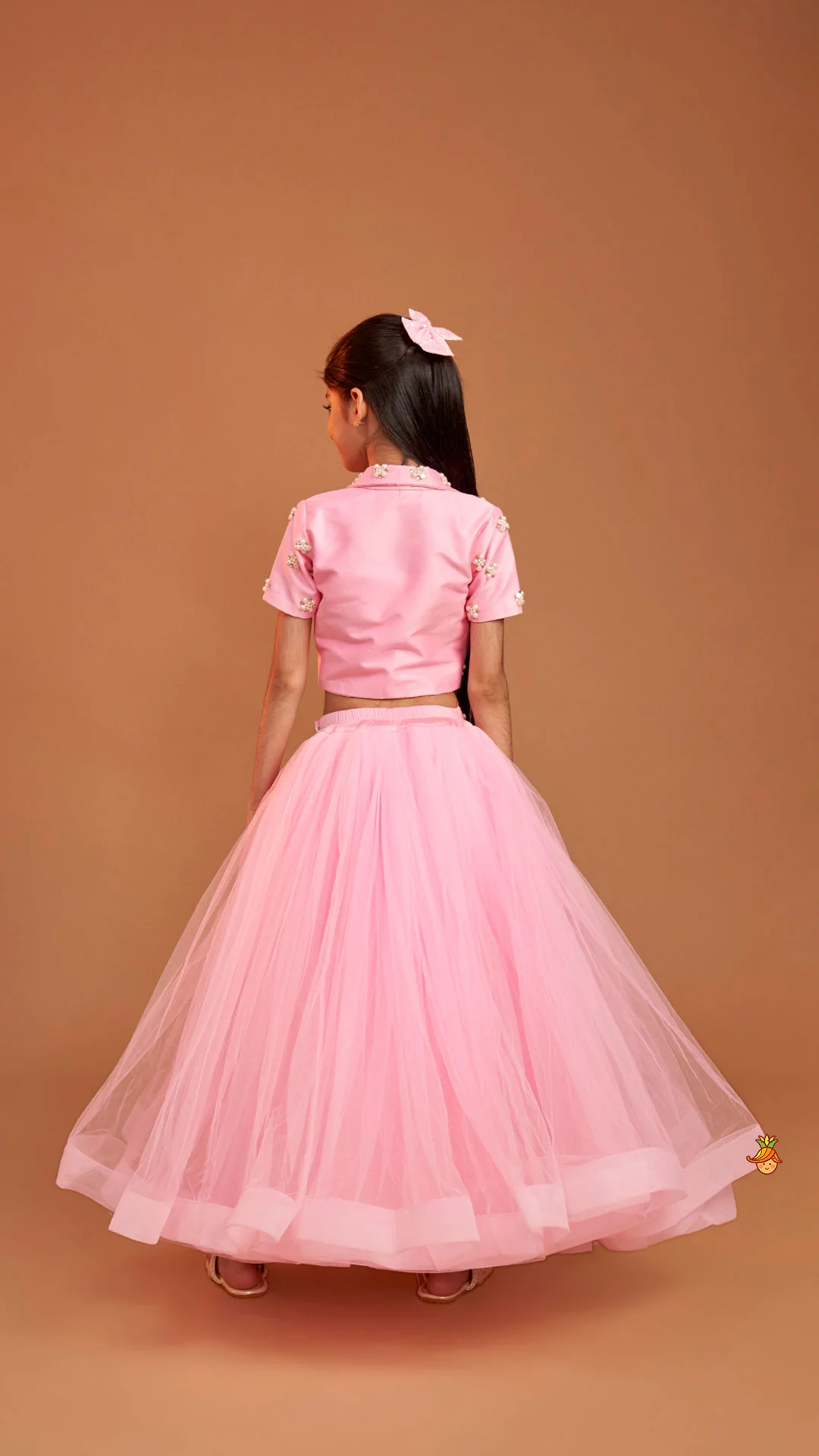 Stylish Pink Crop Blazer Style Top With Flared Lehenga - Image 8