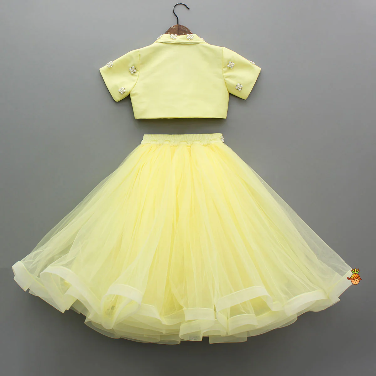 Stylish Yellow Crop Blazer Style Top With Flared Lehenga - Image 2