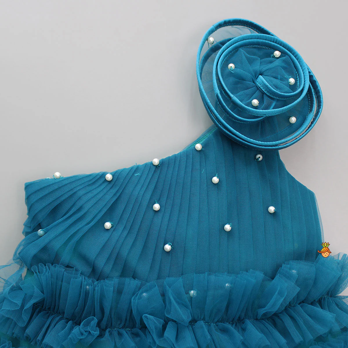 Swirl Ruffled Teal Blue One Shoulder Dress - Image 3