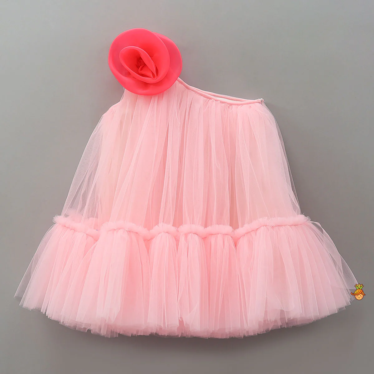 Swirled Flower Enhanced Pink One Shoulder Dress With Hair Band - Image 3