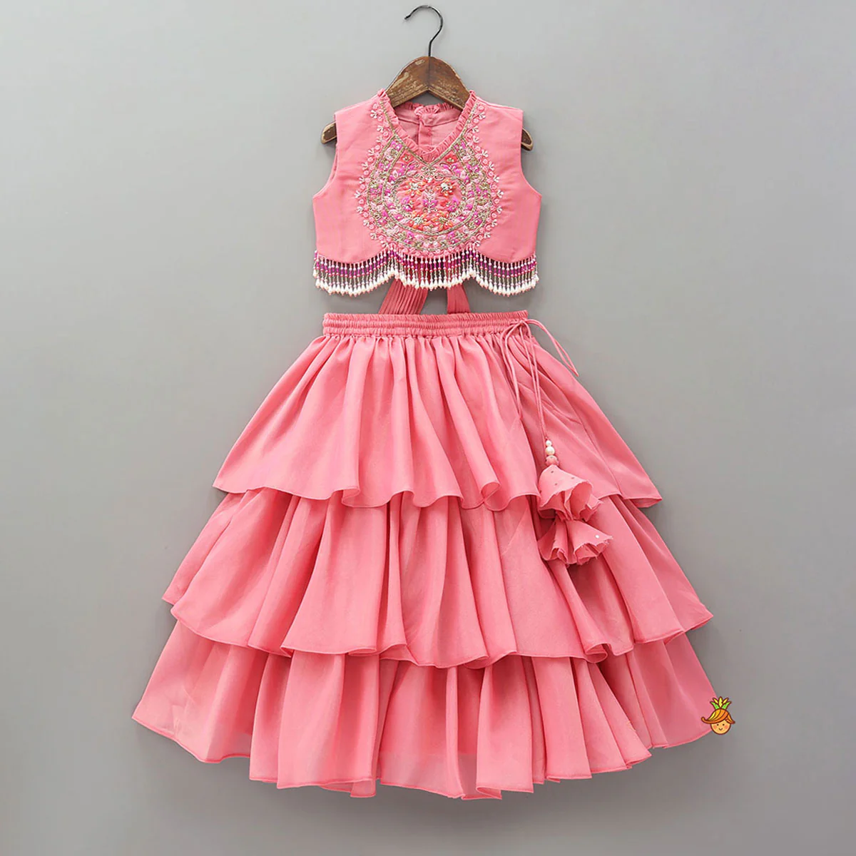 Tassel Detailed Shimmery Crop Top And Layered Lehenga