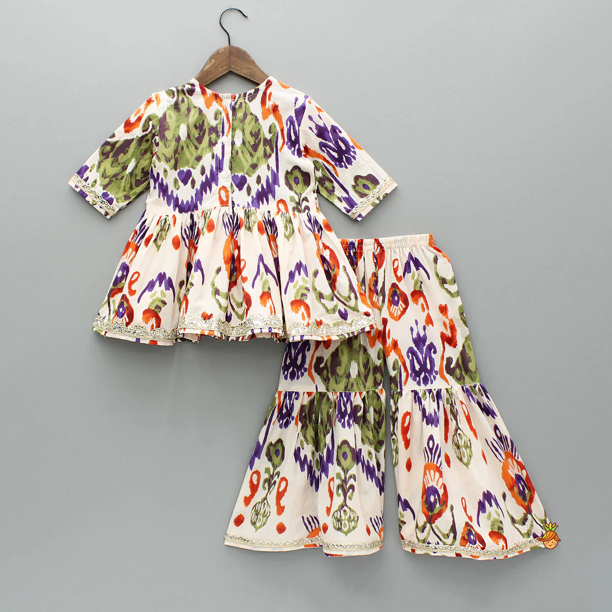 Tassels Enhanced Multicolour Printed Kurti And Sharara With Scalloped Lace Detail Dupatta - Image 2