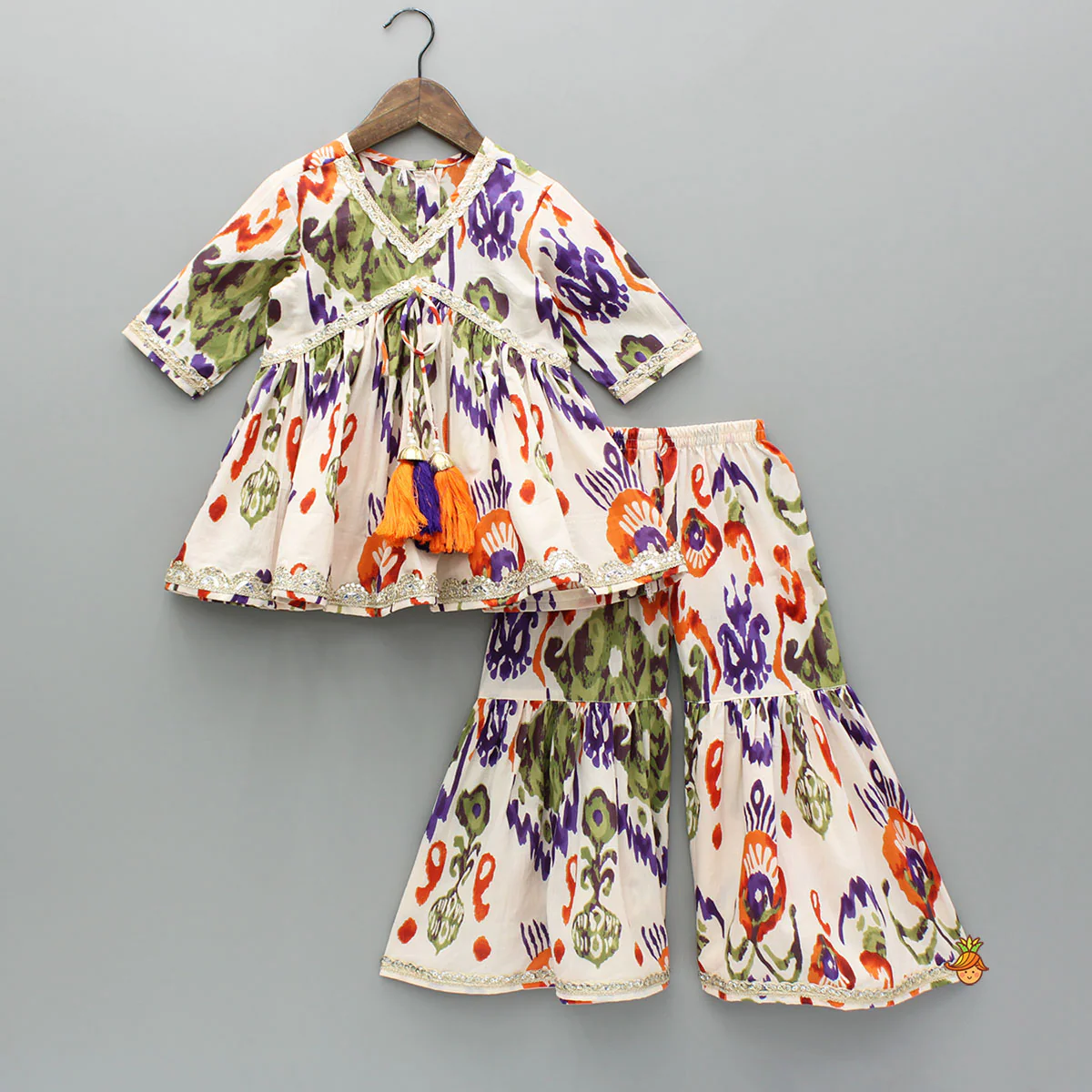 Tassels Enhanced Multicolour Printed Kurti And Sharara With Scalloped Lace Detail Dupatta - Image 3
