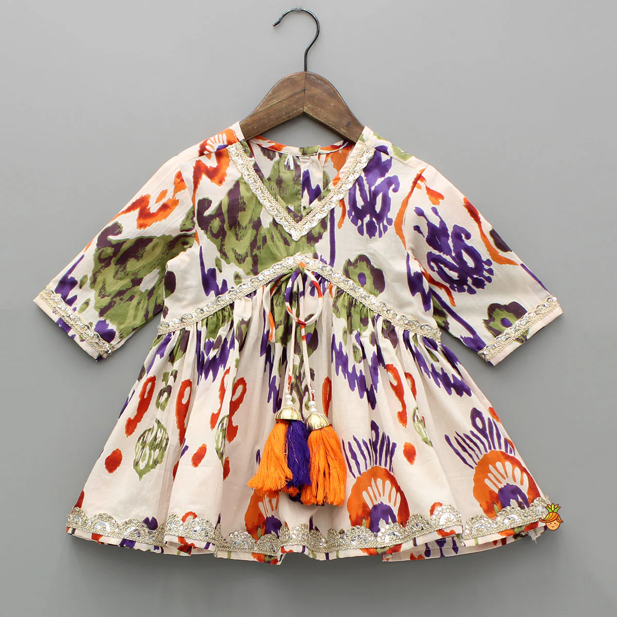 Tassels Enhanced Multicolour Printed Kurti And Sharara With Scalloped Lace Detail Dupatta - Image 4