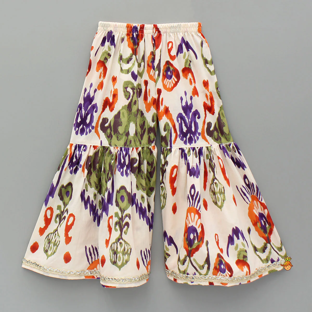 Tassels Enhanced Multicolour Printed Kurti And Sharara With Scalloped Lace Detail Dupatta - Image 5