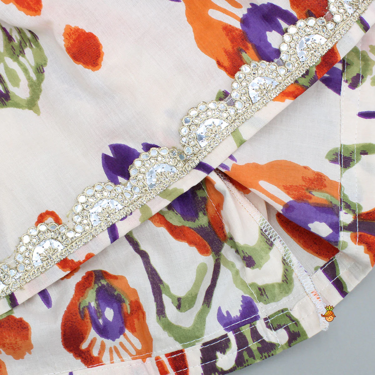 Tassels Enhanced Multicolour Printed Kurti And Sharara With Scalloped Lace Detail Dupatta - Image 6