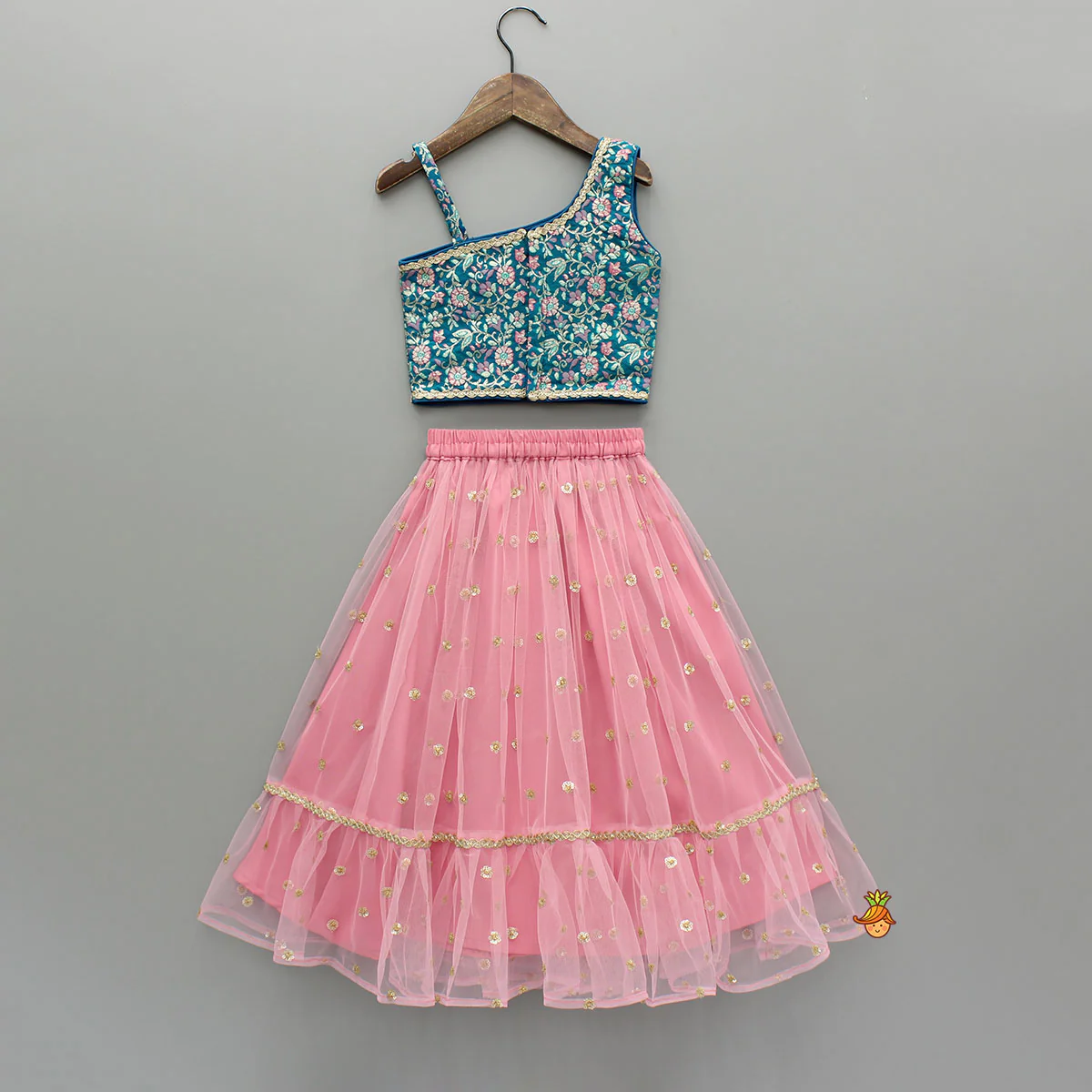Teal Floral One-Shoulder Top With Pink Net Skirt And Dupatta - Image 2