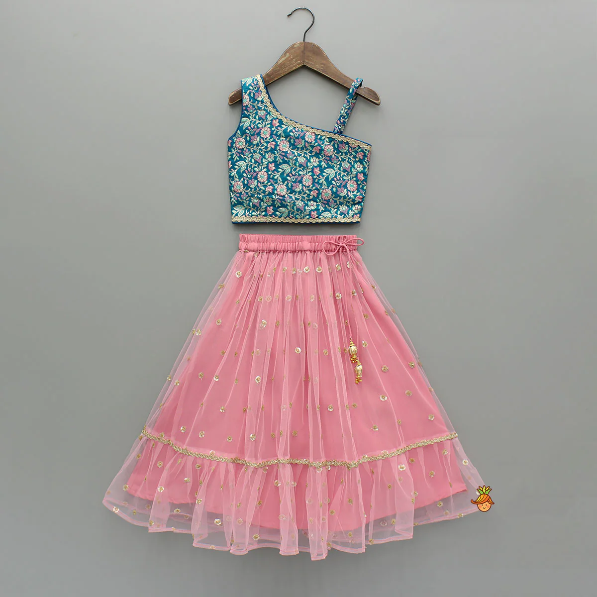 Teal Floral One-Shoulder Top With Pink Net Skirt And Dupatta - Image 3