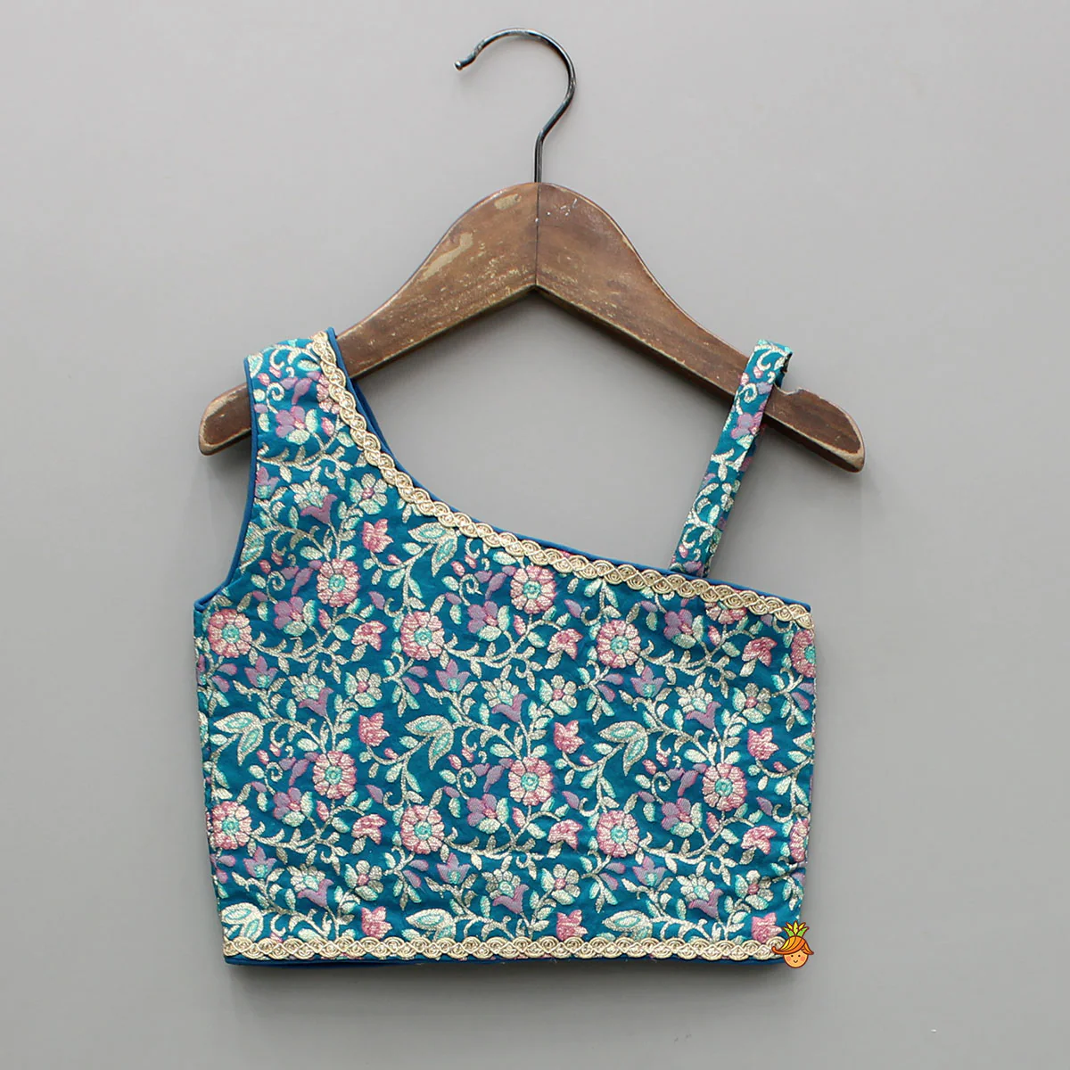 Teal Floral One-Shoulder Top With Pink Net Skirt And Dupatta - Image 4