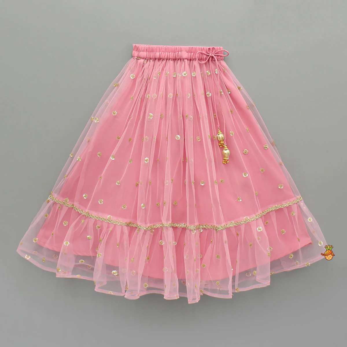 Teal Floral One-Shoulder Top With Pink Net Skirt And Dupatta - Image 5