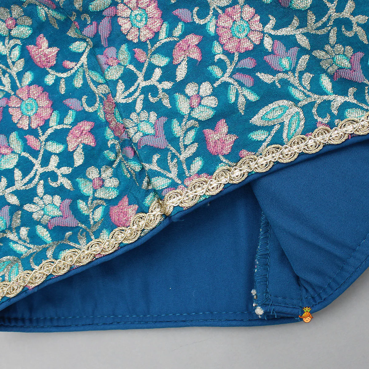Teal Floral One-Shoulder Top With Pink Net Skirt And Dupatta - Image 6