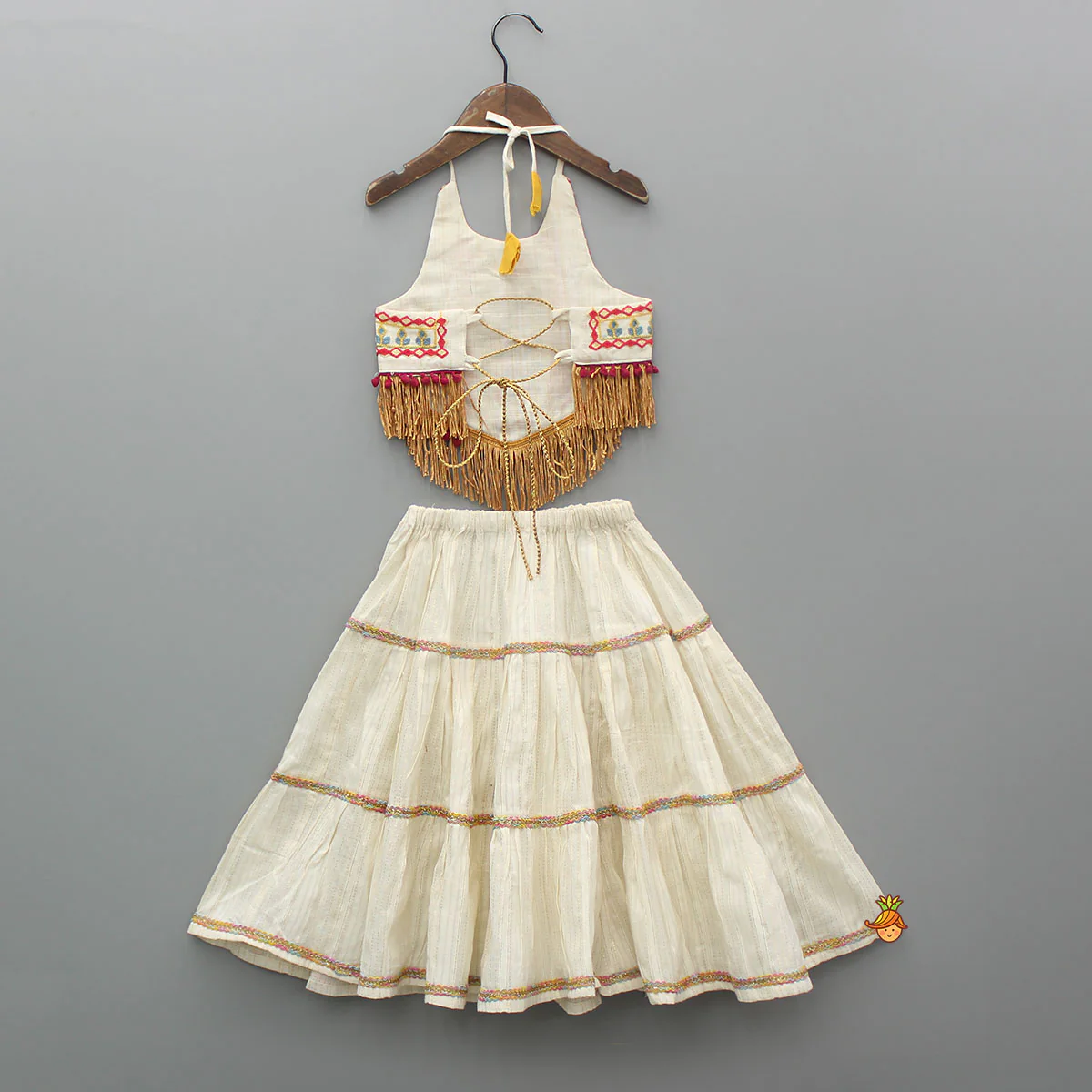 Thread Embroidered Halter Neck Top And Off White Lehenga - Image 2