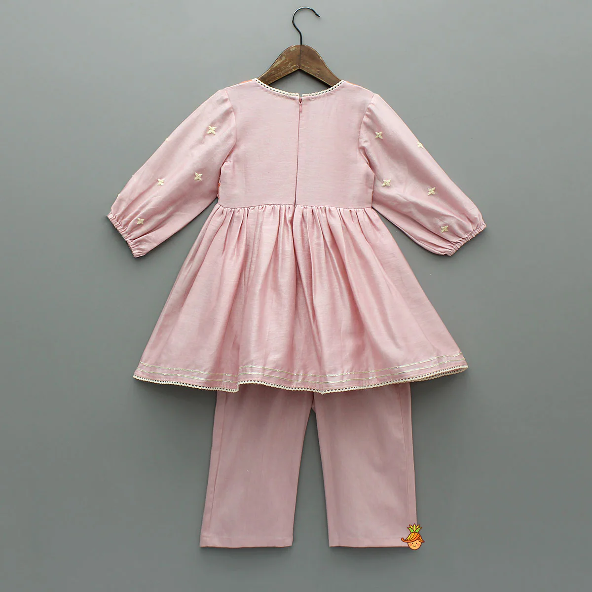 Thread Embroidered Pink Silk Kurti And Pant - Image 2