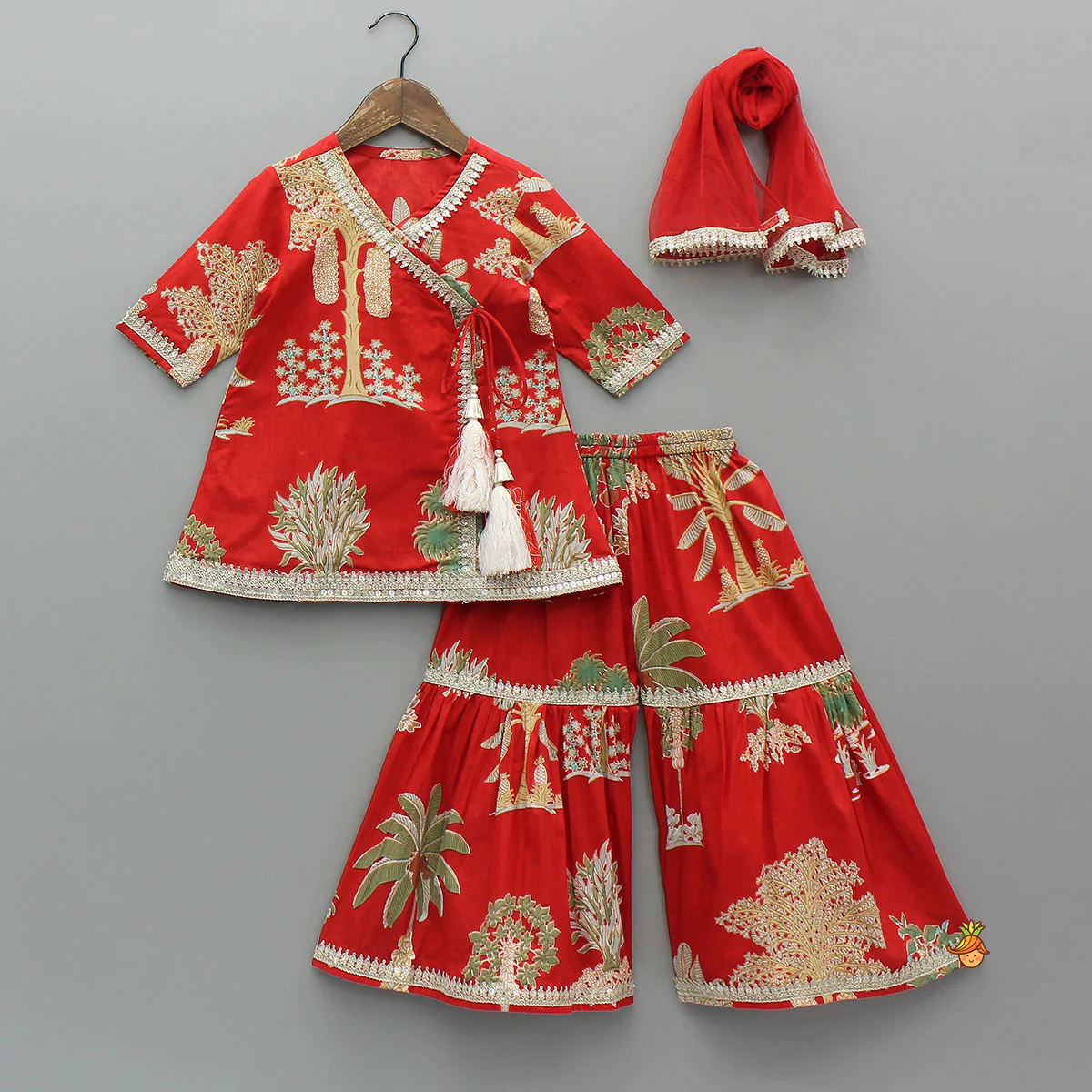 Trees Printed Graceful Kurti And Sharara With Net Dupatta