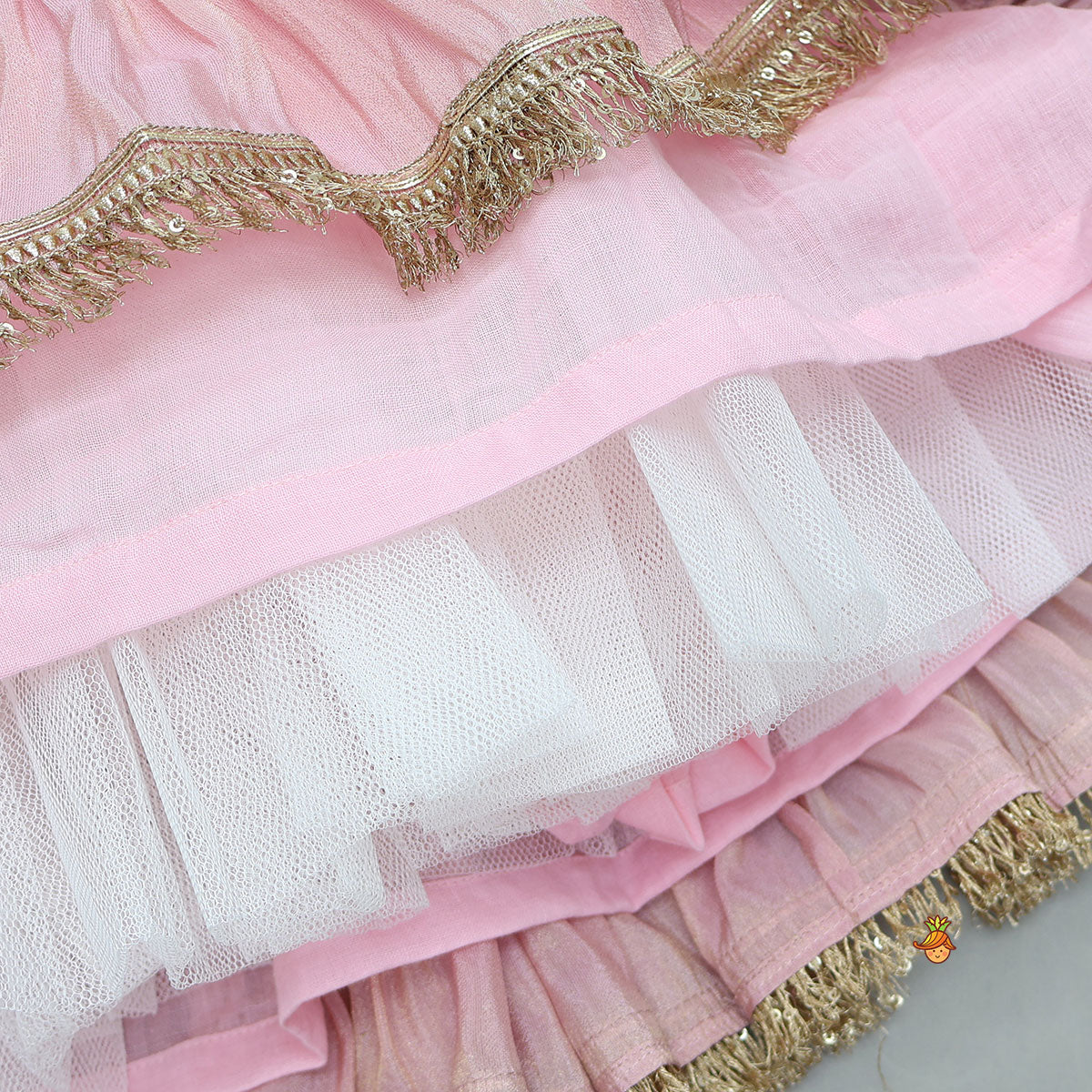 Triple Knot Detail Shimmery Top And Lehenga With Net Dupatta - Image 7