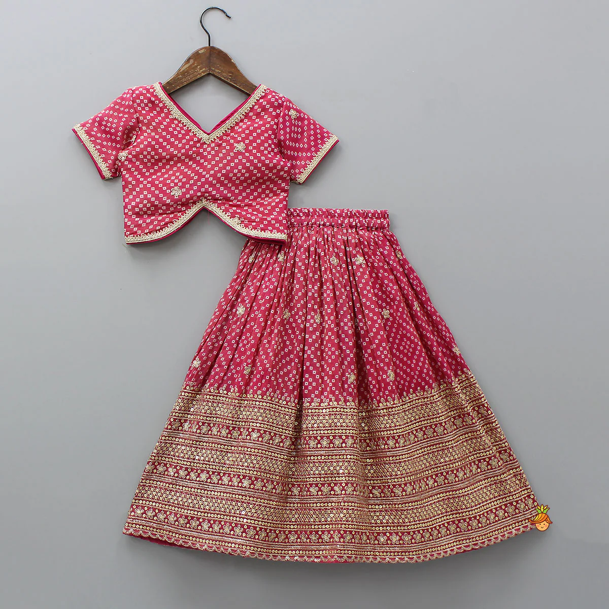 V-Neck Bandhani-Printed Pink Shimmery Top And Lehenga With Sequins Embroidered Matching Dupatta - Image 2