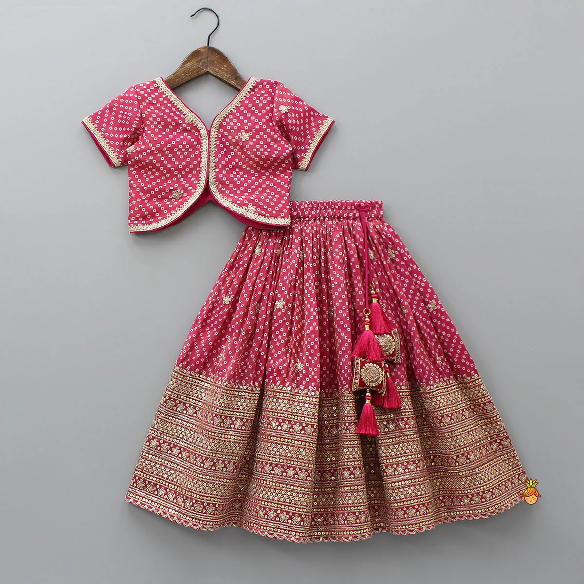 V-Neck Bandhani-Printed Pink Shimmery Top And Lehenga With Sequins Embroidered Matching Dupatta - Image 3