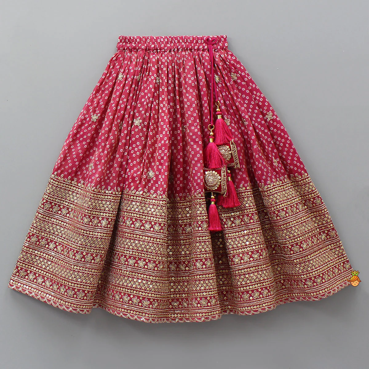 V-Neck Bandhani-Printed Pink Shimmery Top And Lehenga With Sequins Embroidered Matching Dupatta - Image 5