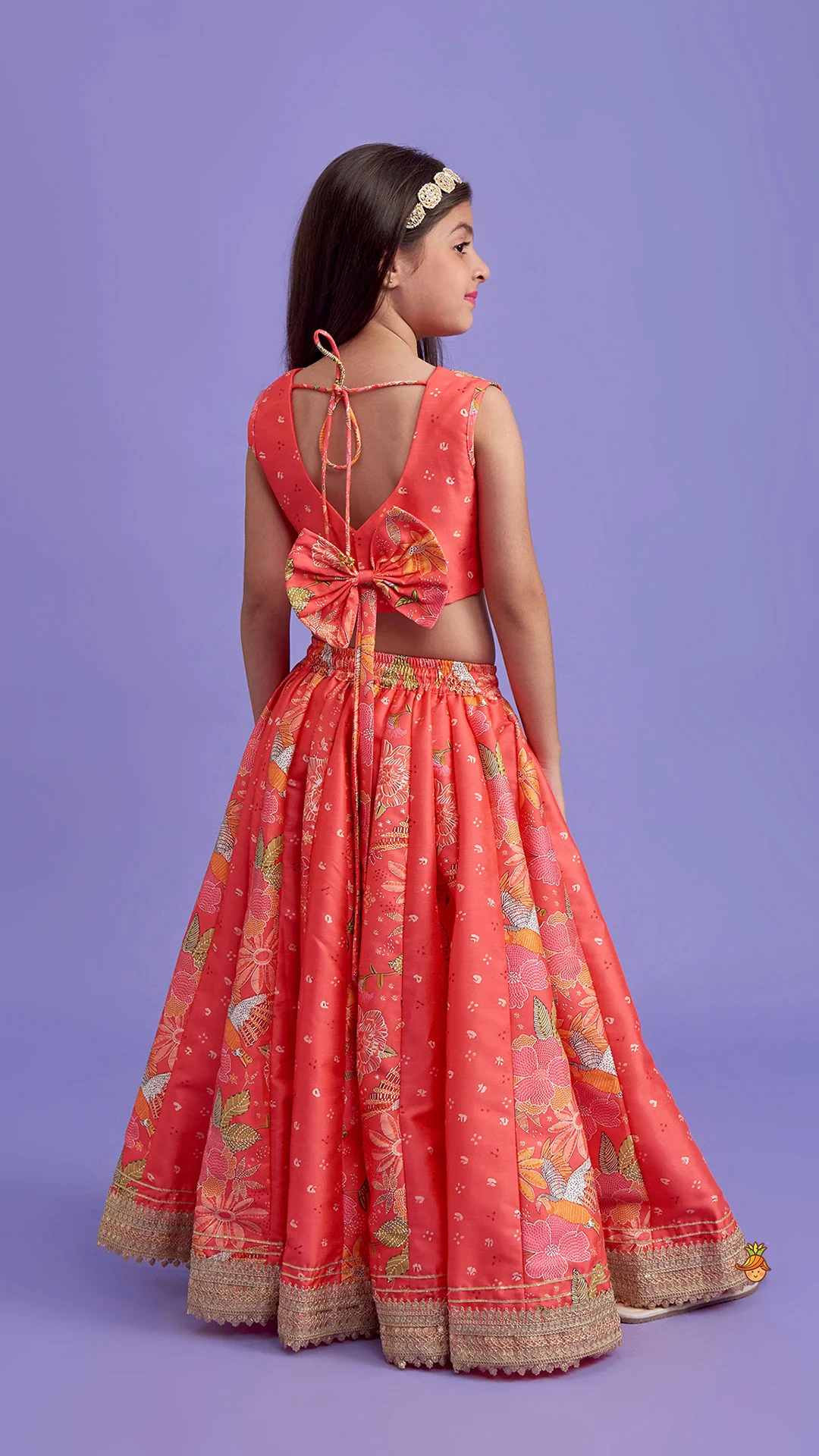 V Neck Top And Printed Lehenga With Hair Band - Image 11