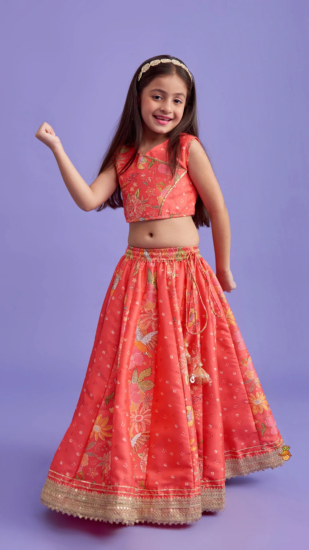 V Neck Top And Printed Lehenga With Hair Band - Image 2