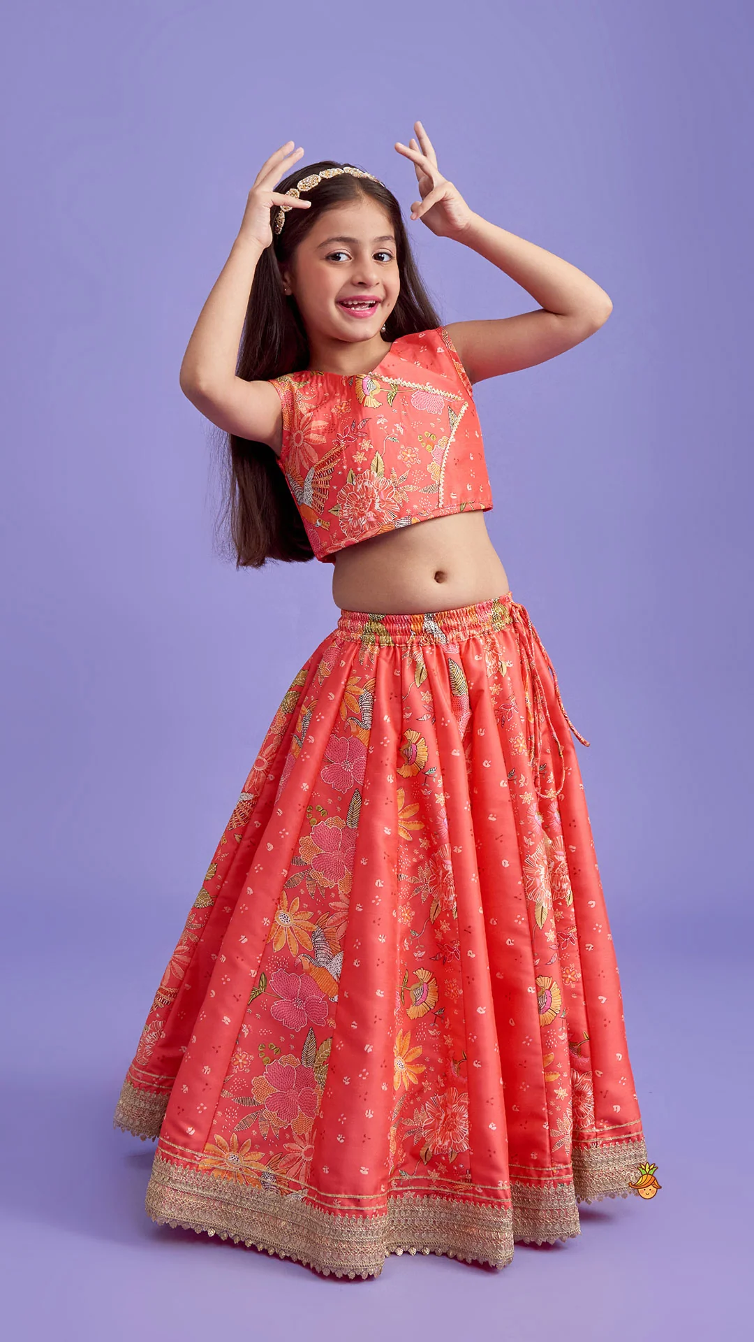 V Neck Top And Printed Lehenga With Hair Band - Image 3