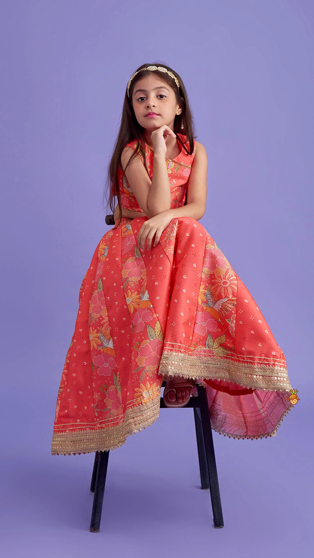 V Neck Top And Printed Lehenga With Hair Band - Image 4