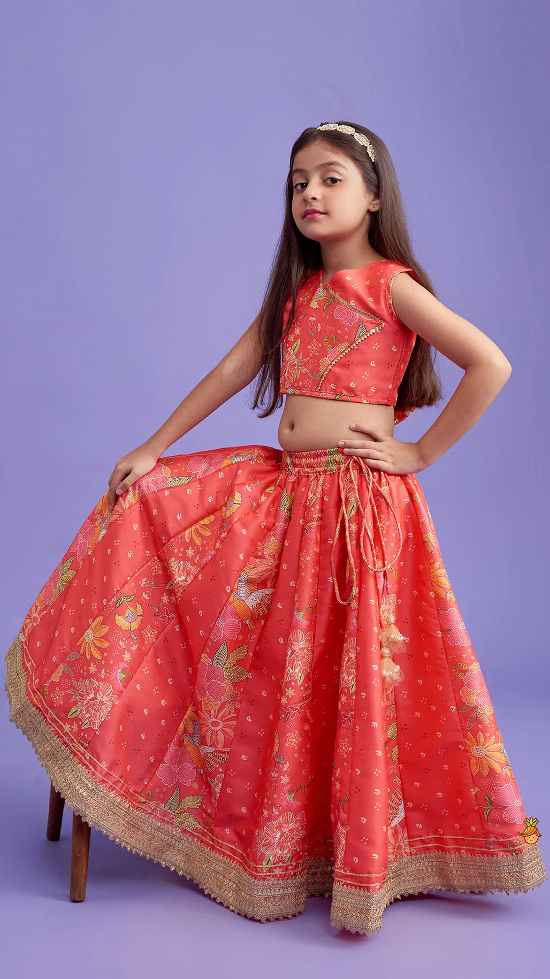 V Neck Top And Printed Lehenga With Hair Band - Image 5