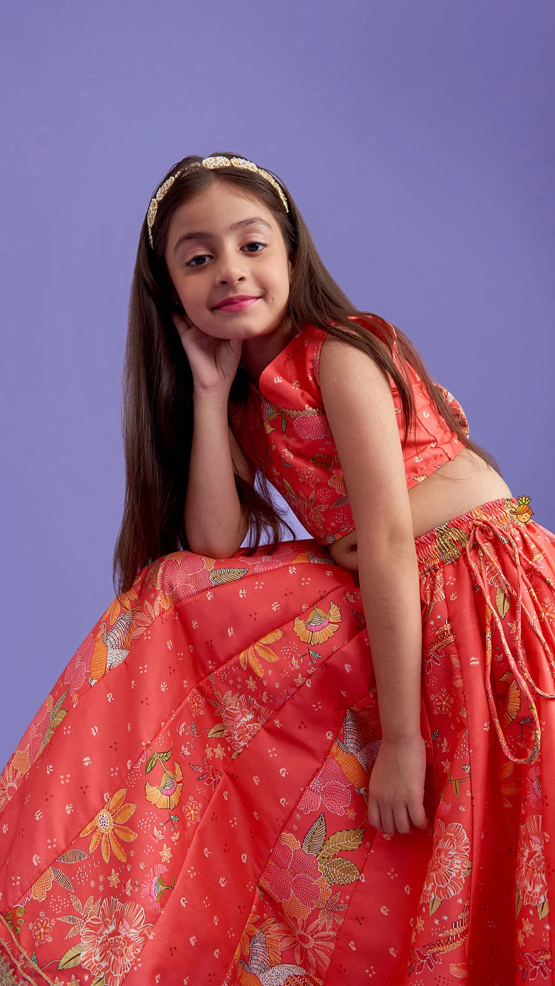 V Neck Top And Printed Lehenga With Hair Band - Image 8