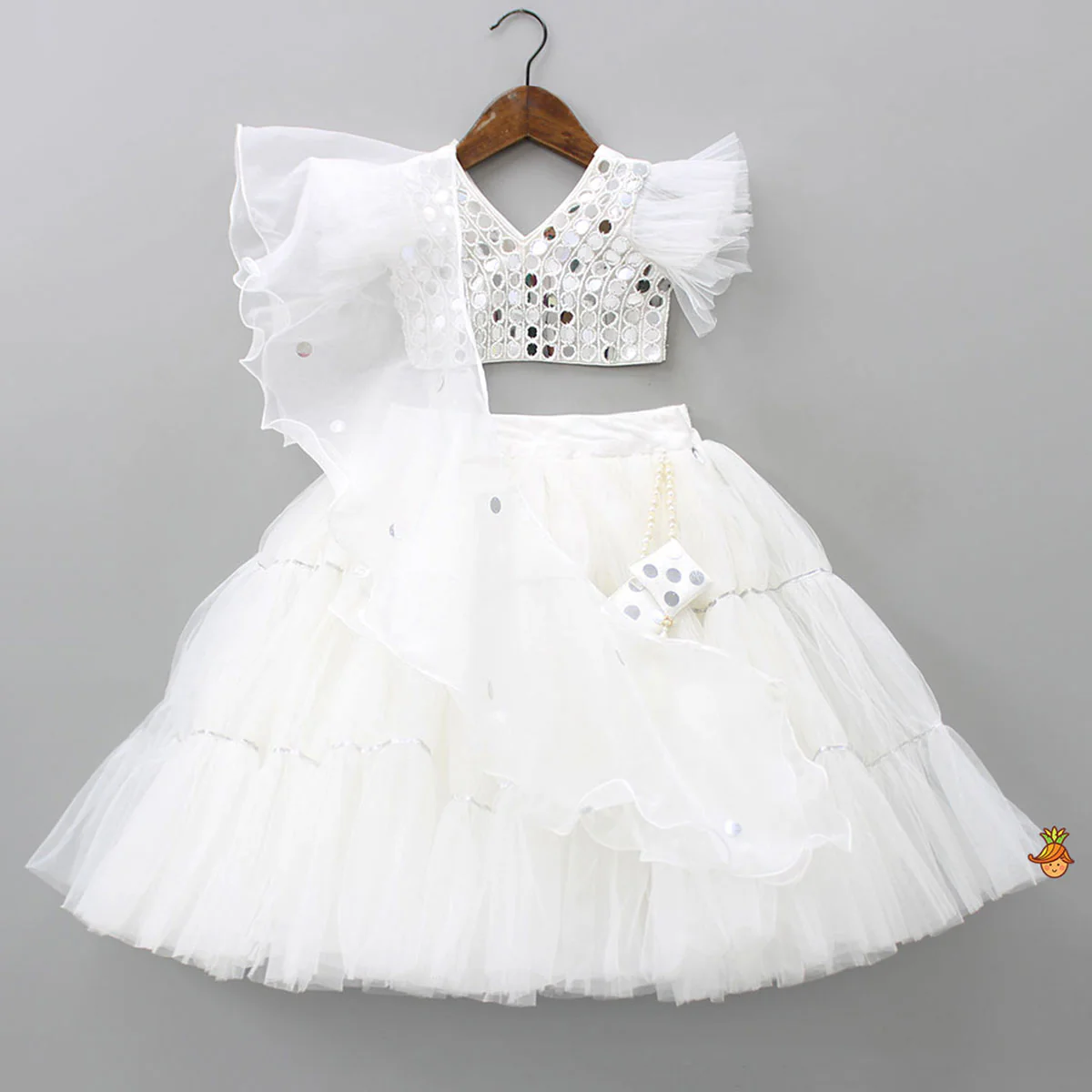 V Neck White Beaded Top And Pearly Tassels Enhanced Tiered Lehenga With Organza Dupatta