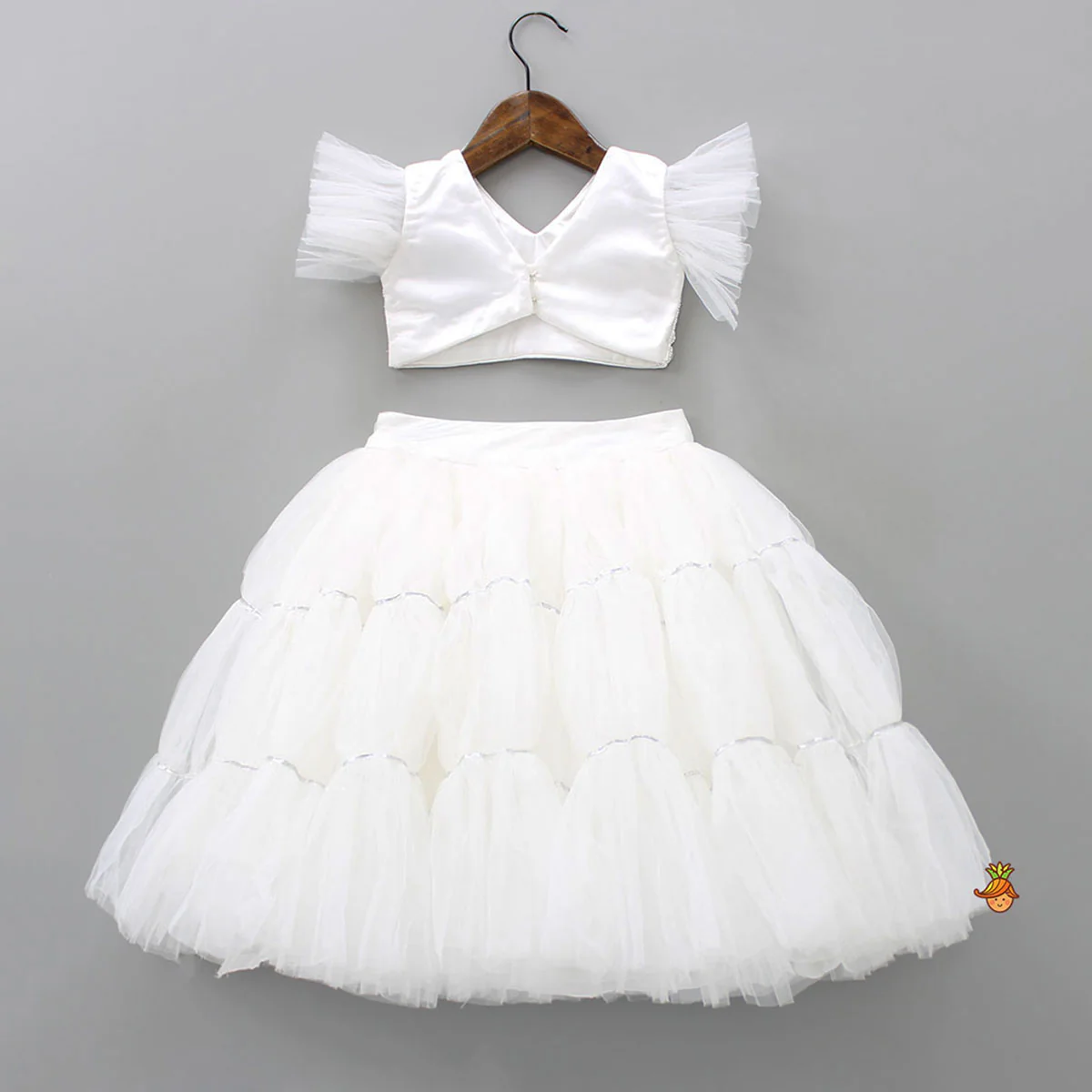 V Neck White Beaded Top And Pearly Tassels Enhanced Tiered Lehenga With Organza Dupatta - Image 2