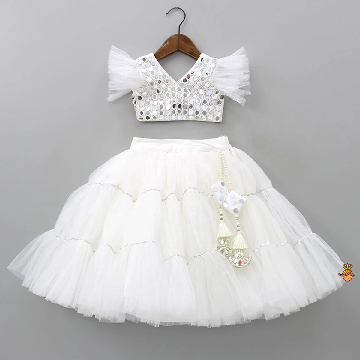 V Neck White Beaded Top And Pearly Tassels Enhanced Tiered Lehenga With Organza Dupatta - Image 3