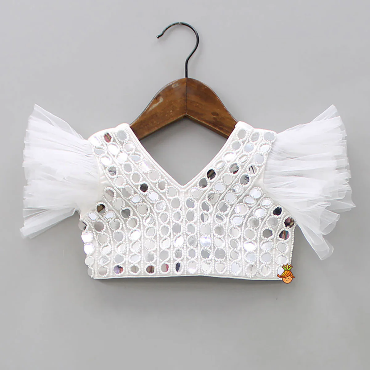 V Neck White Beaded Top And Pearly Tassels Enhanced Tiered Lehenga With Organza Dupatta - Image 4