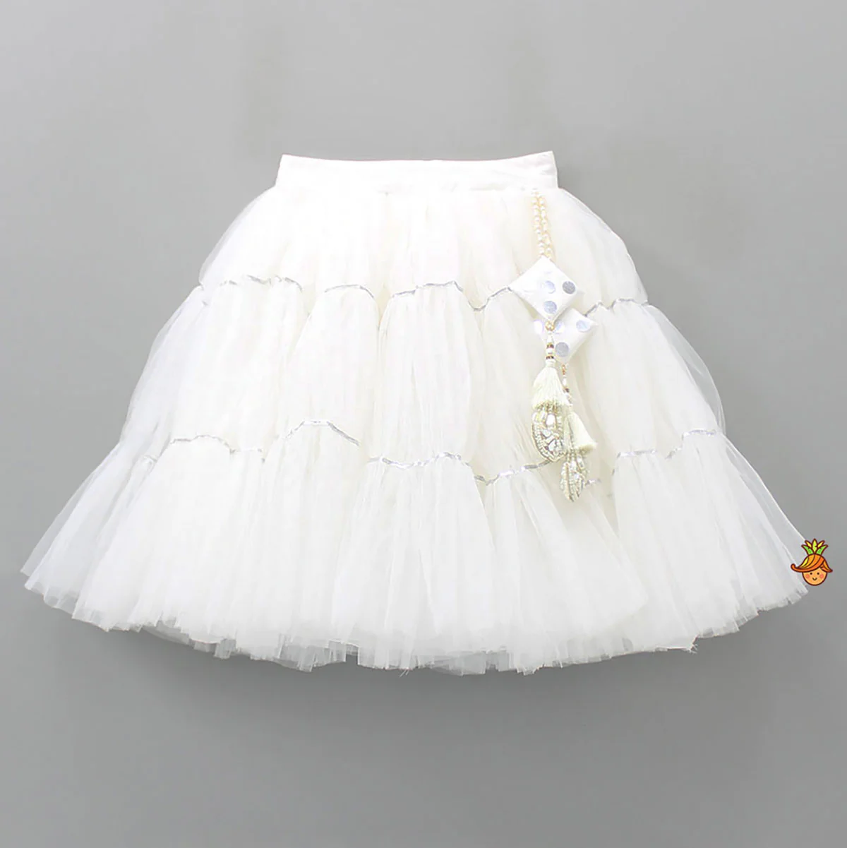 V Neck White Beaded Top And Pearly Tassels Enhanced Tiered Lehenga With Organza Dupatta - Image 5