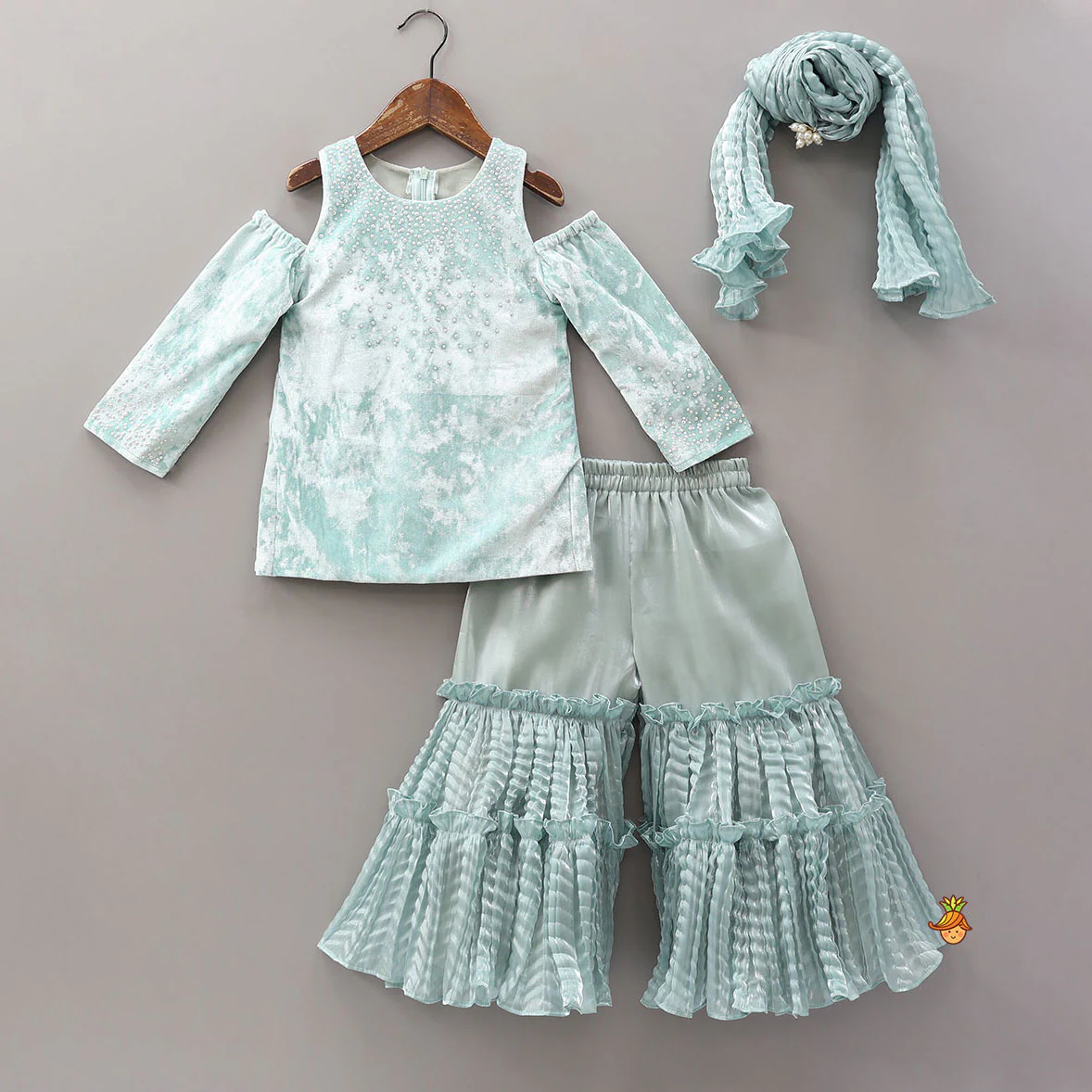 Velvet Cold-Shoulder Kurti With Shiny Sharara And Matching Dupatta