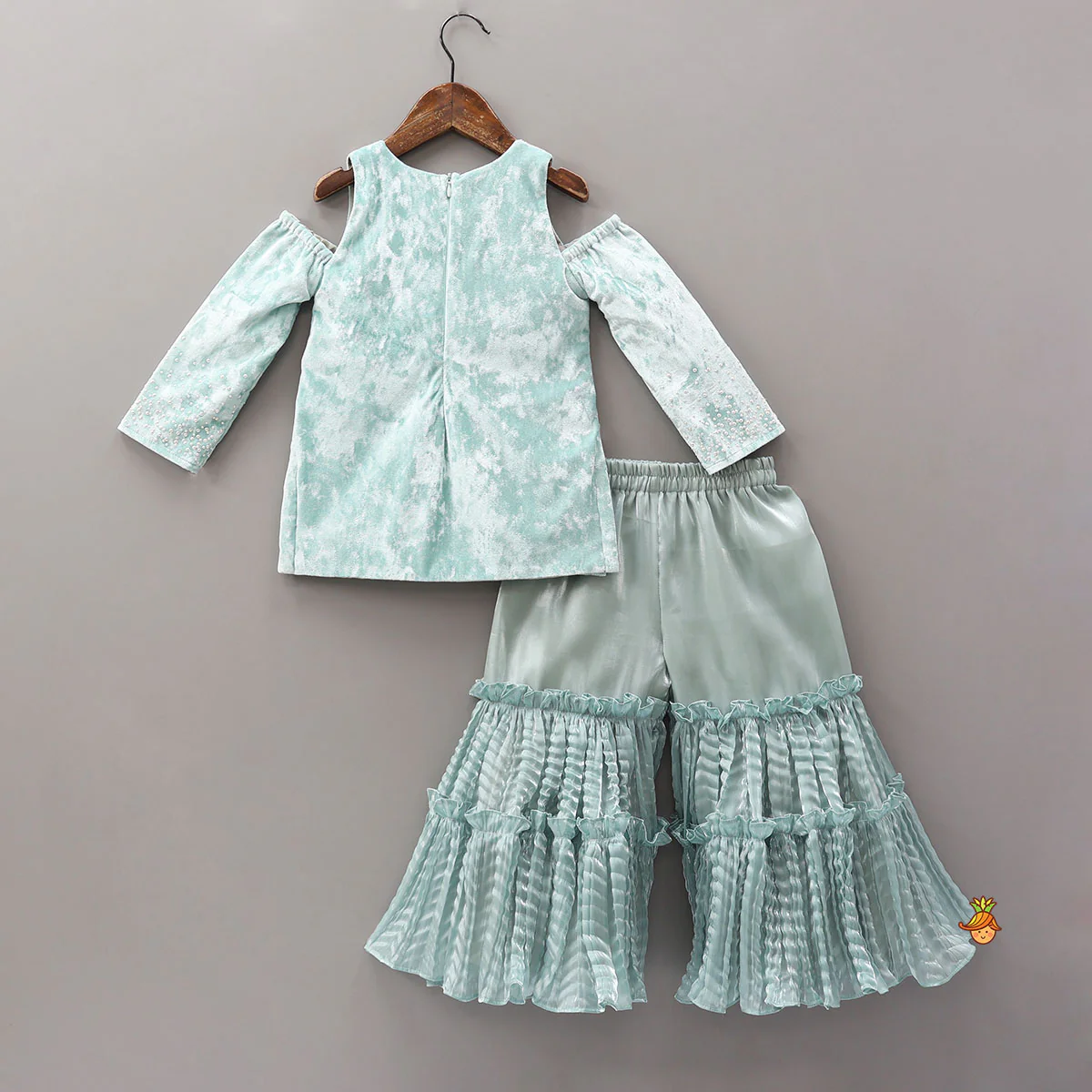 Velvet Cold-Shoulder Kurti With Shiny Sharara And Matching Dupatta - Image 2