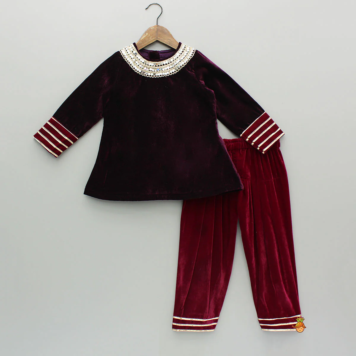 Mirror And Lace Work Velvet Kurti With Salwar