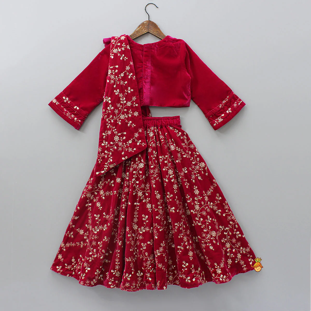 Velvet Top With Zari-Embroidered Lehenga And Attached Dupatta - Image 2