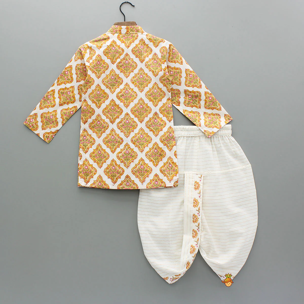 White Block Print Kurta With Matching Dhoti - Image 2