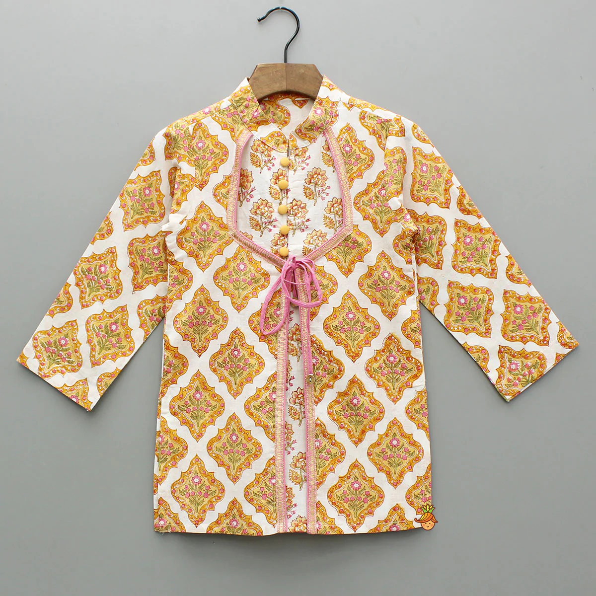 White Block Print Kurta With Matching Dhoti - Image 3