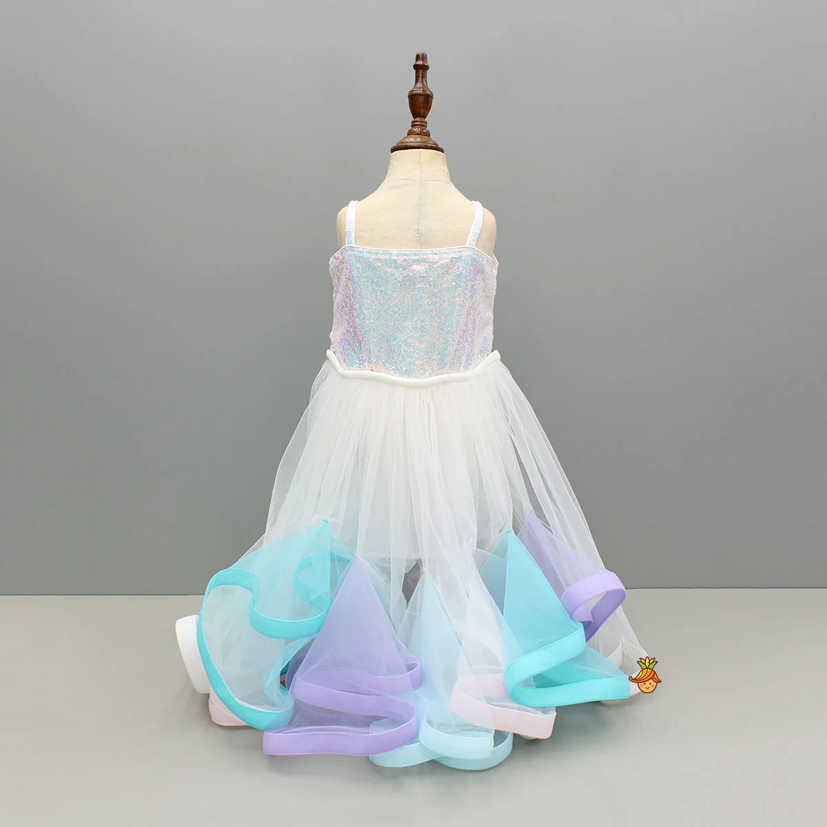 White Sequin Embellished Strappy Dress With Detachable Multicolour Trail - Image 2
